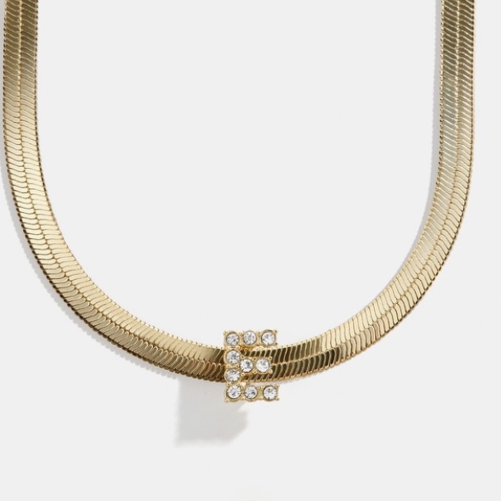 BaubleBar Gina Gold Herringbone necklace E initial NEW pave crystal
